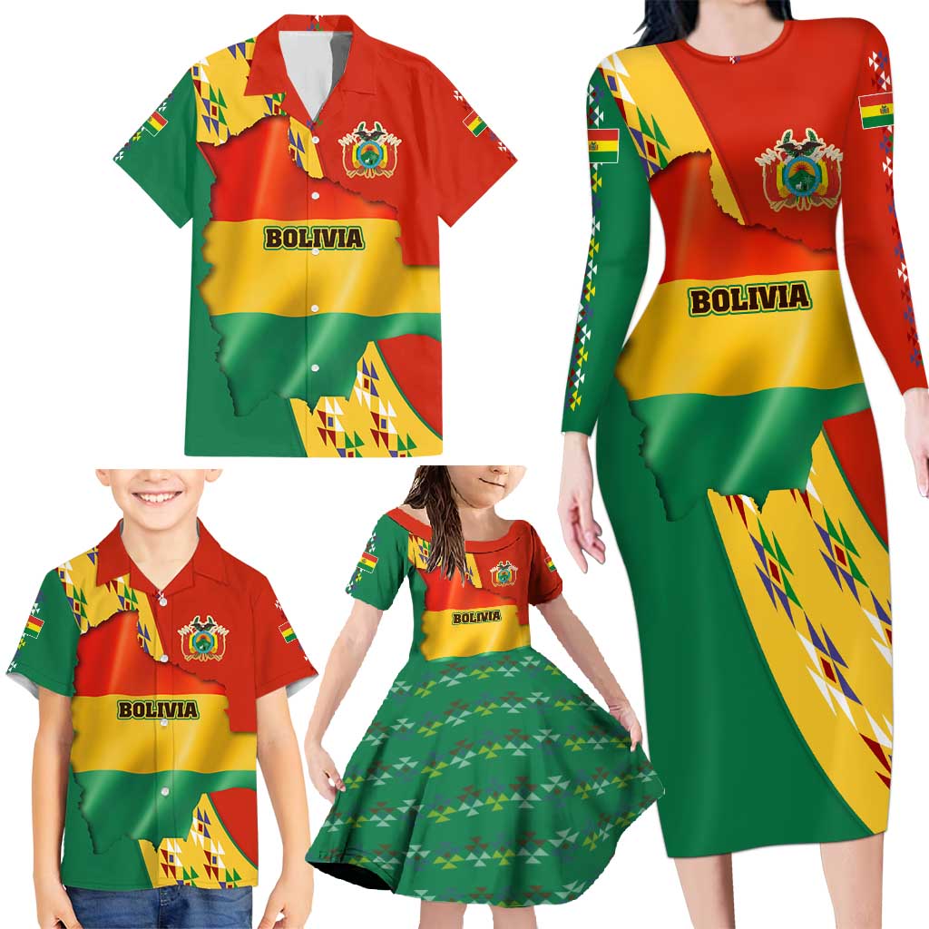 Bolivia Flag Color Family Matching Long Sleeve Bodycon Dress and Hawaiian Shirt with National Crest, Andean Pattern and Condor Graphic