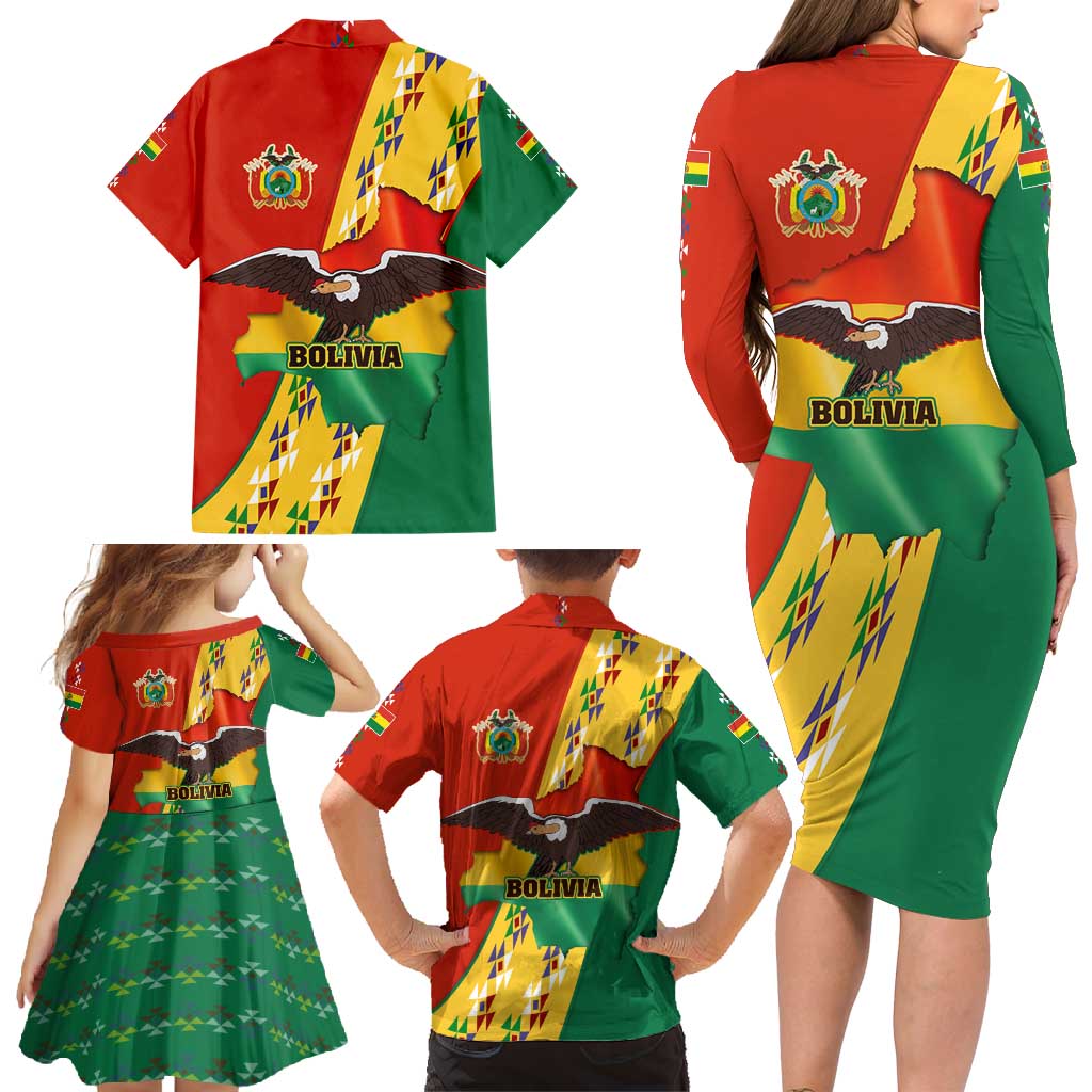 Bolivia Flag Color Family Matching Long Sleeve Bodycon Dress and Hawaiian Shirt with National Crest, Andean Pattern and Condor Graphic