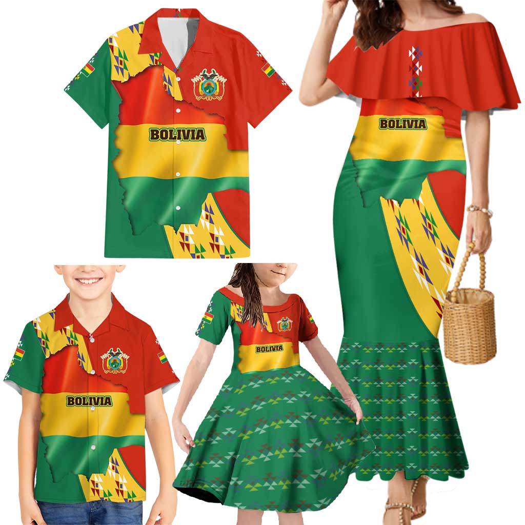 Bolivia Flag Color Family Matching Mermaid Dress and Hawaiian Shirt with National Crest, Andean Pattern and Condor Graphic