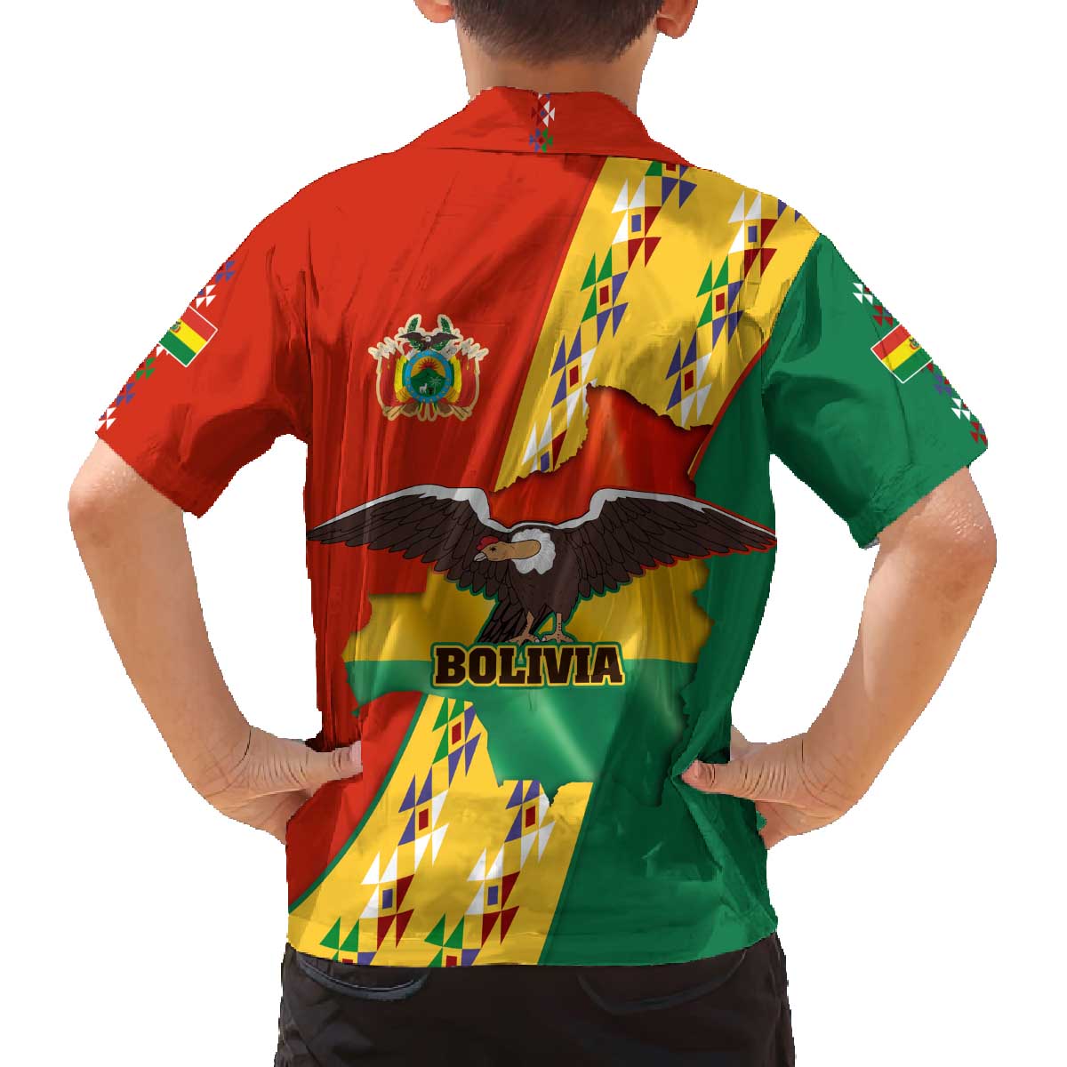 Bolivia Flag Color Family Matching Off The Shoulder Long Sleeve Dress and Hawaiian Shirt with National Crest, Andean Pattern and Condor Graphic