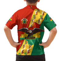 Bolivia Flag Color Family Matching Off The Shoulder Long Sleeve Dress and Hawaiian Shirt with National Crest, Andean Pattern and Condor Graphic
