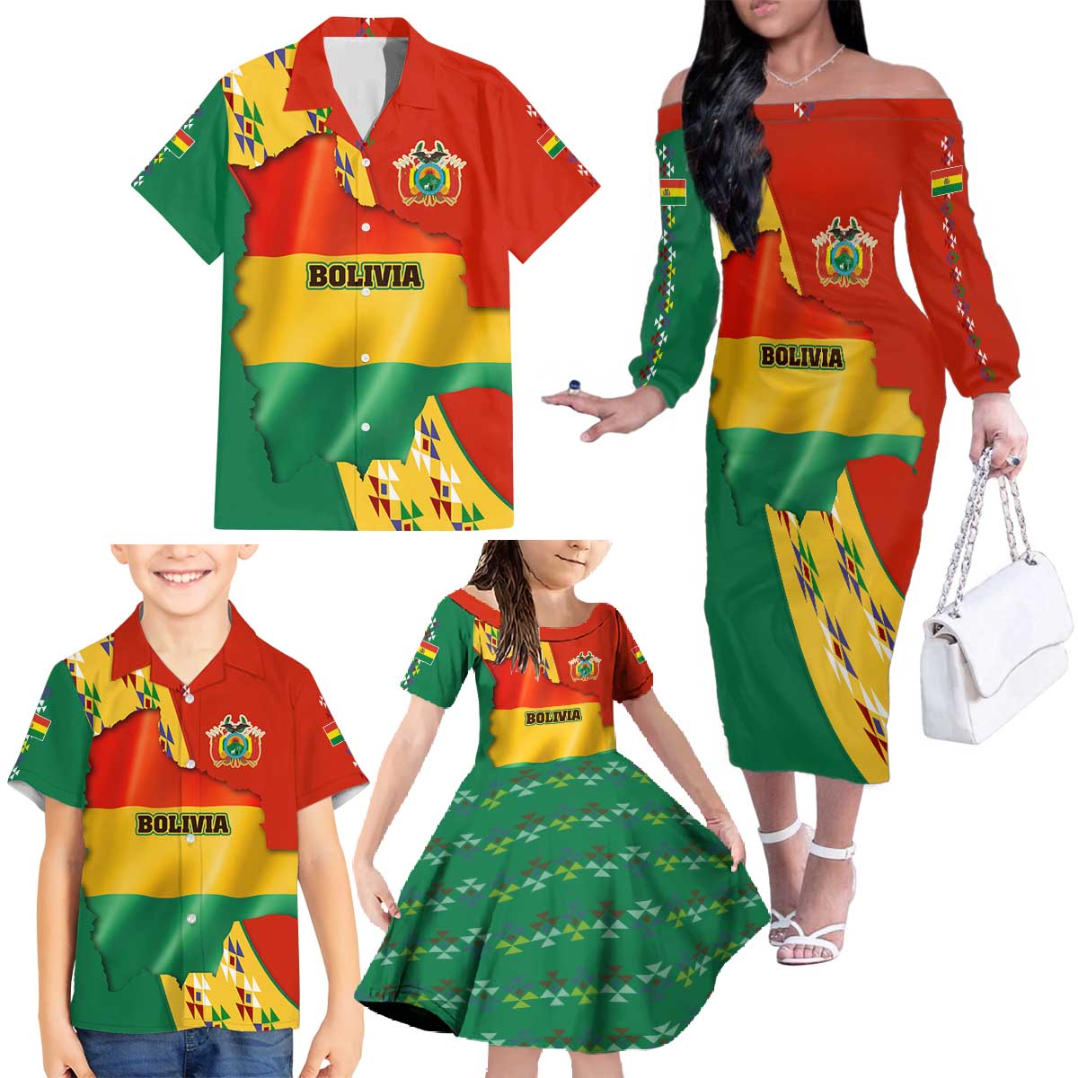 Bolivia Flag Color Family Matching Off The Shoulder Long Sleeve Dress and Hawaiian Shirt with National Crest, Andean Pattern and Condor Graphic