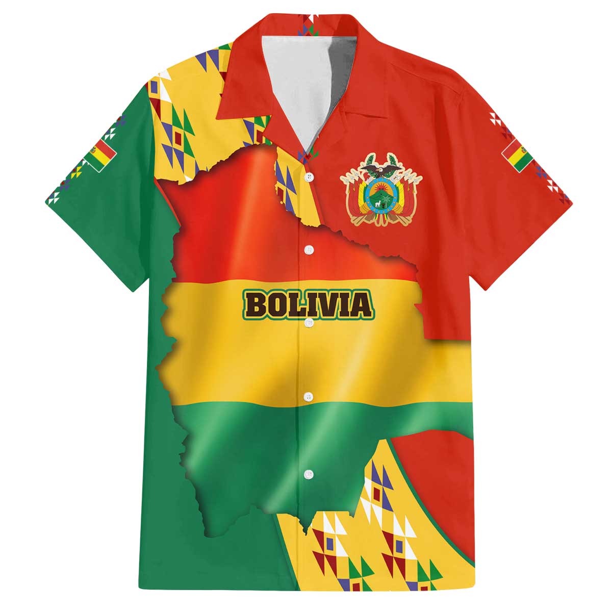 Bolivia Flag Color Family Matching Off The Shoulder Long Sleeve Dress and Hawaiian Shirt with National Crest, Andean Pattern and Condor Graphic
