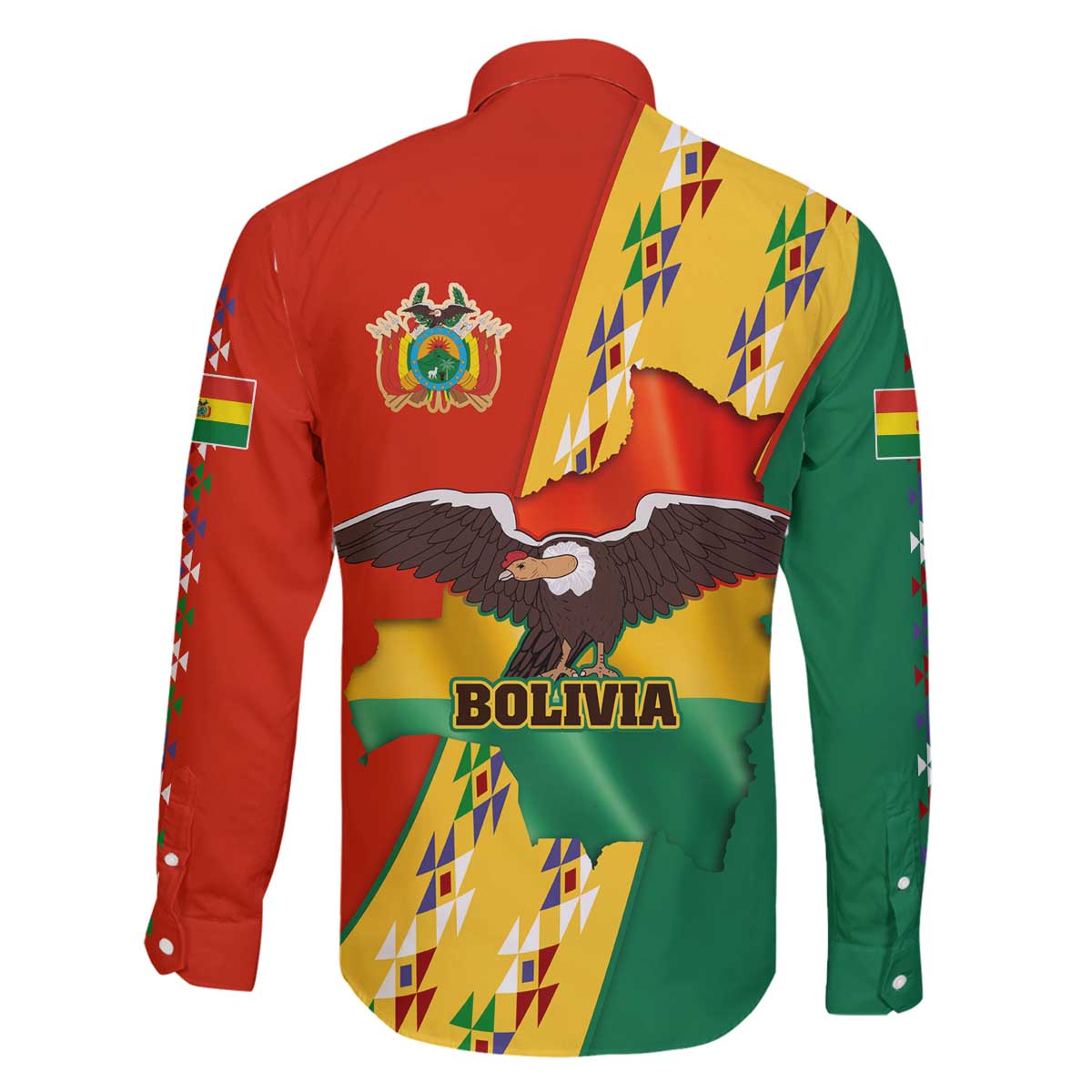 Bolivia Flag Color Family Matching Off The Shoulder Long Sleeve Dress and Hawaiian Shirt with National Crest, Andean Pattern and Condor Graphic
