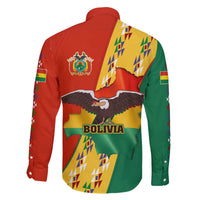 Bolivia Flag Color Family Matching Off The Shoulder Long Sleeve Dress and Hawaiian Shirt with National Crest, Andean Pattern and Condor Graphic