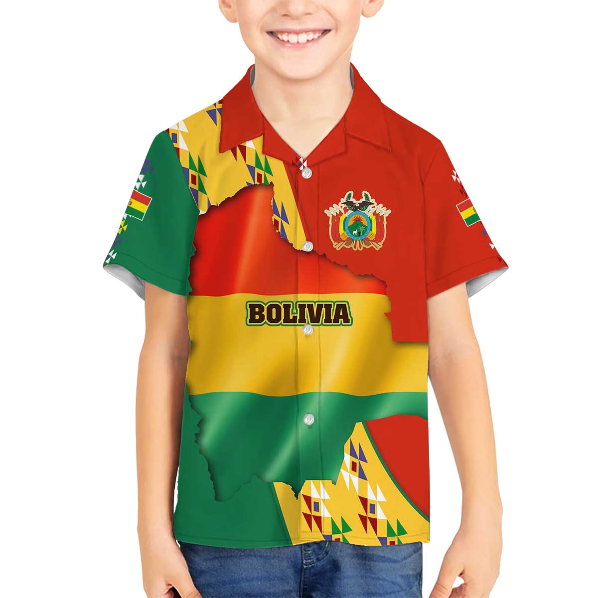 Bolivia Flag Color Family Matching Off The Shoulder Long Sleeve Dress and Hawaiian Shirt with National Crest, Andean Pattern and Condor Graphic