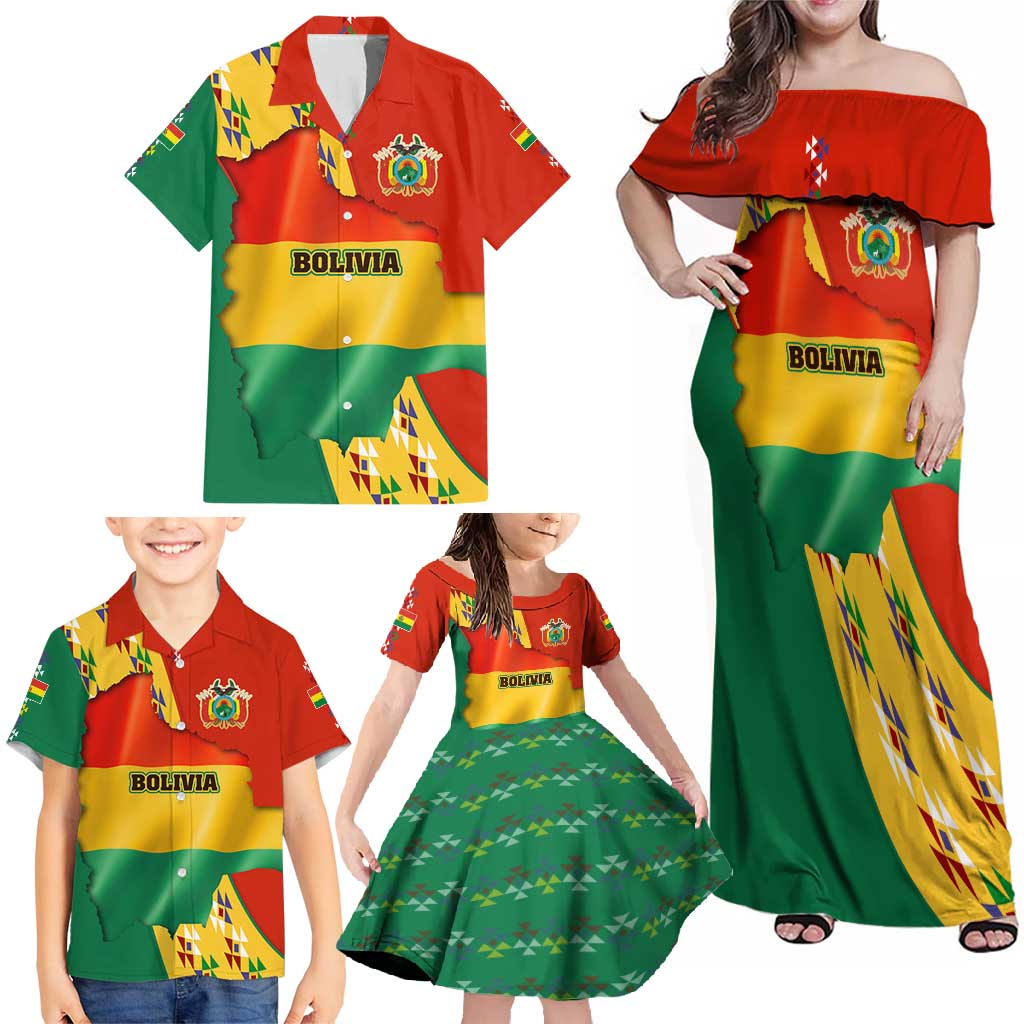 Bolivia Flag Color Family Matching Off Shoulder Maxi Dress and Hawaiian Shirt with National Crest, Andean Pattern and Condor Graphic