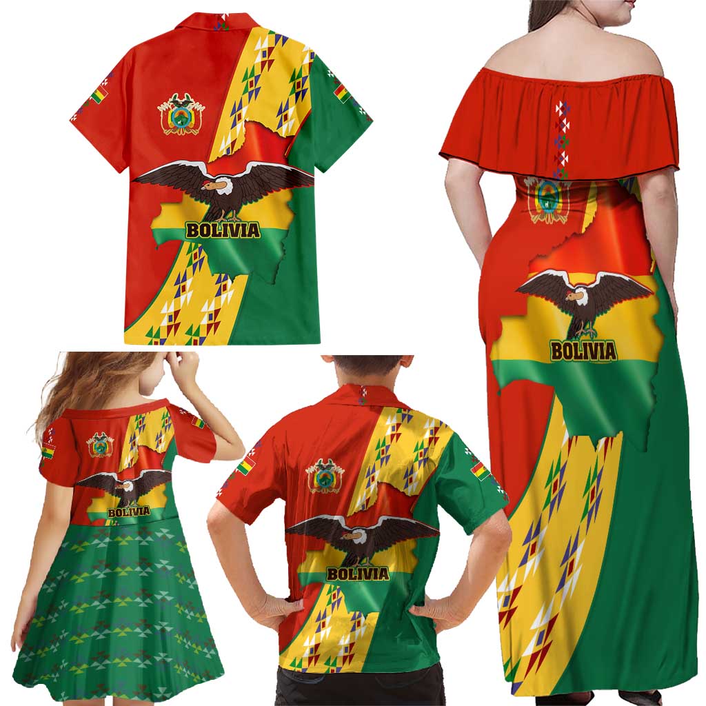 Bolivia Flag Color Family Matching Off Shoulder Maxi Dress and Hawaiian Shirt with National Crest, Andean Pattern and Condor Graphic