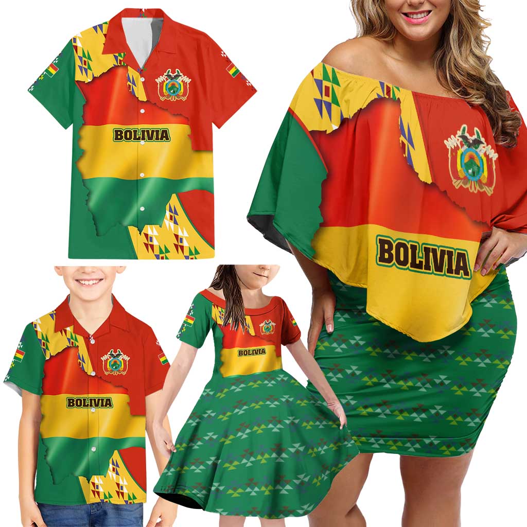 Bolivia Flag Color Family Matching Off Shoulder Short Dress and Hawaiian Shirt with National Crest, Andean Pattern and Condor Graphic
