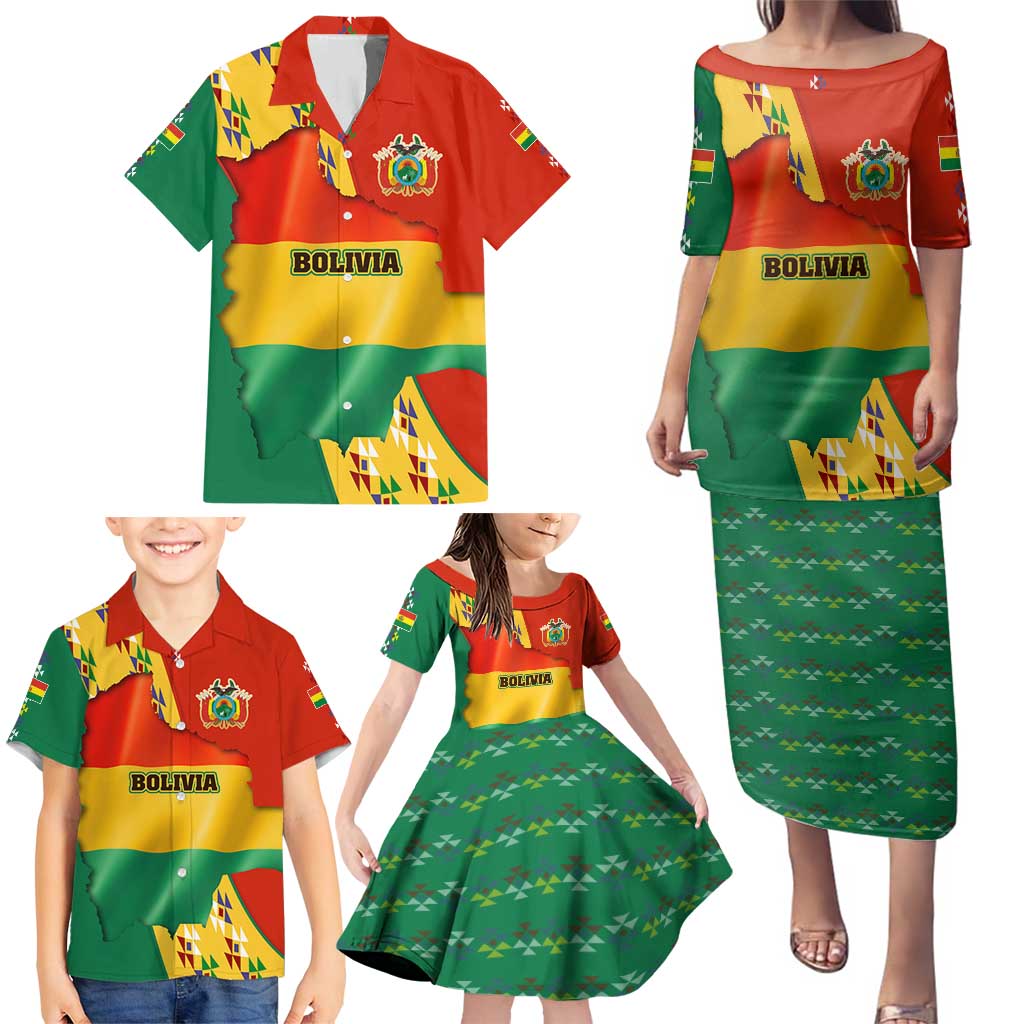 Bolivia Flag Color Family Matching Puletasi and Hawaiian Shirt with National Crest, Andean Pattern and Condor Graphic