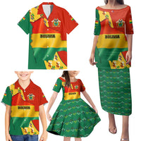 Bolivia Flag Color Family Matching Puletasi and Hawaiian Shirt with National Crest, Andean Pattern and Condor Graphic