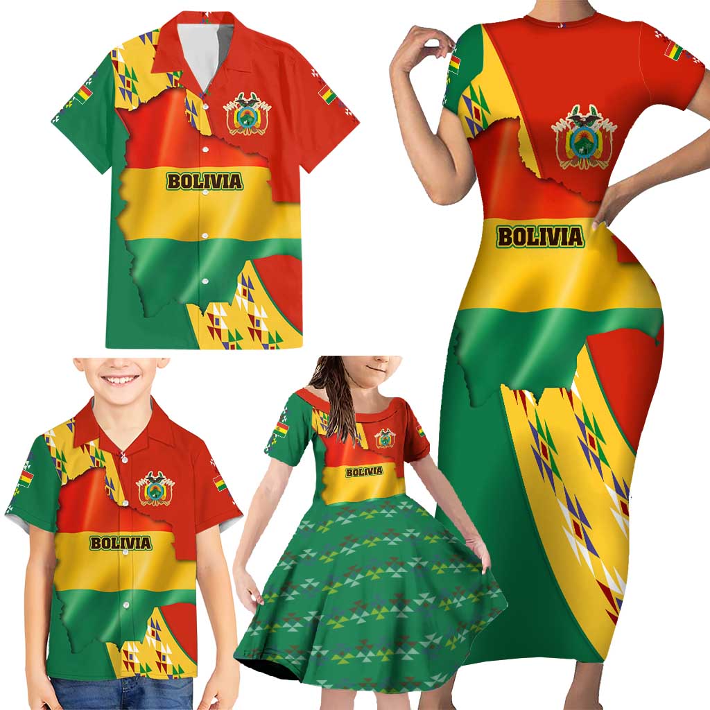 Bolivia Flag Color Family Matching Short Sleeve Bodycon Dress and Hawaiian Shirt with National Crest, Andean Pattern and Condor Graphic