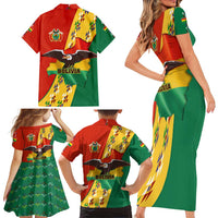 Bolivia Flag Color Family Matching Short Sleeve Bodycon Dress and Hawaiian Shirt with National Crest, Andean Pattern and Condor Graphic