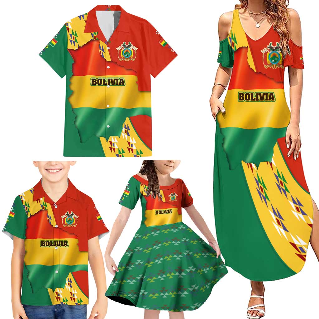 Bolivia Flag Color Family Matching Summer Maxi Dress and Hawaiian Shirt with National Crest, Andean Pattern and Condor Graphic