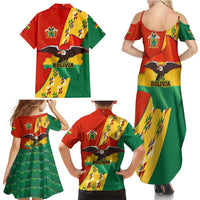 Bolivia Flag Color Family Matching Summer Maxi Dress and Hawaiian Shirt with National Crest, Andean Pattern and Condor Graphic