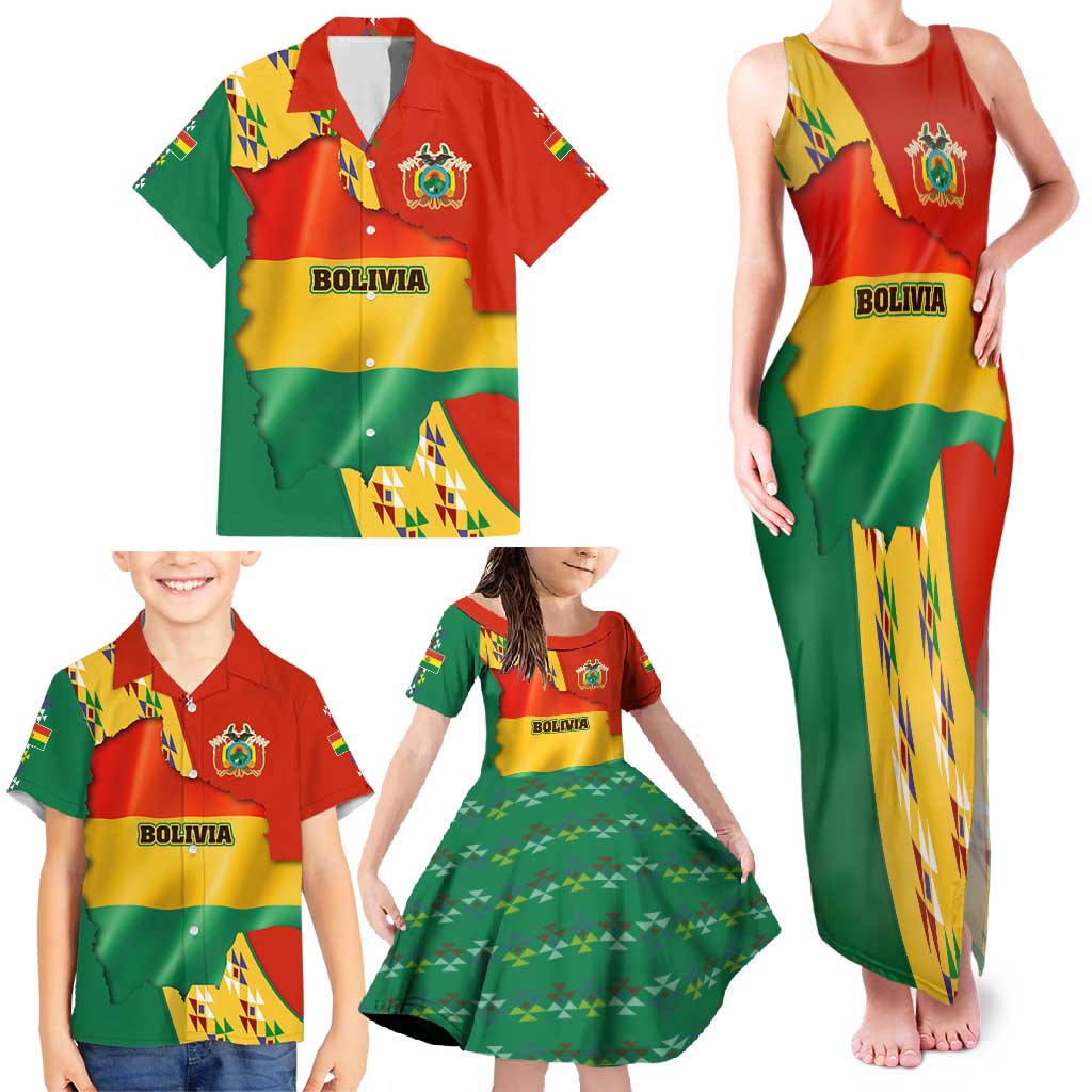 Bolivia Flag Color Family Matching Tank Maxi Dress and Hawaiian Shirt with National Crest, Andean Pattern and Condor Graphic