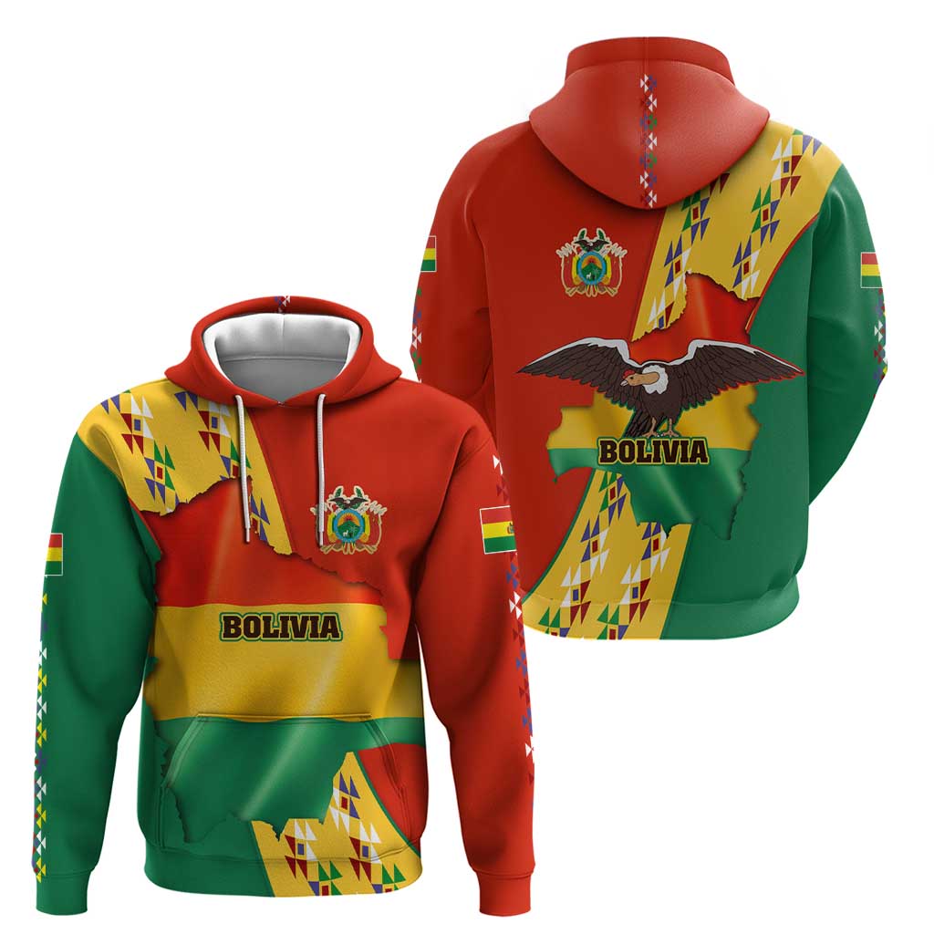 Bolivia Flag Color Hoodie with National Crest, Andean Pattern and Condor Graphic
