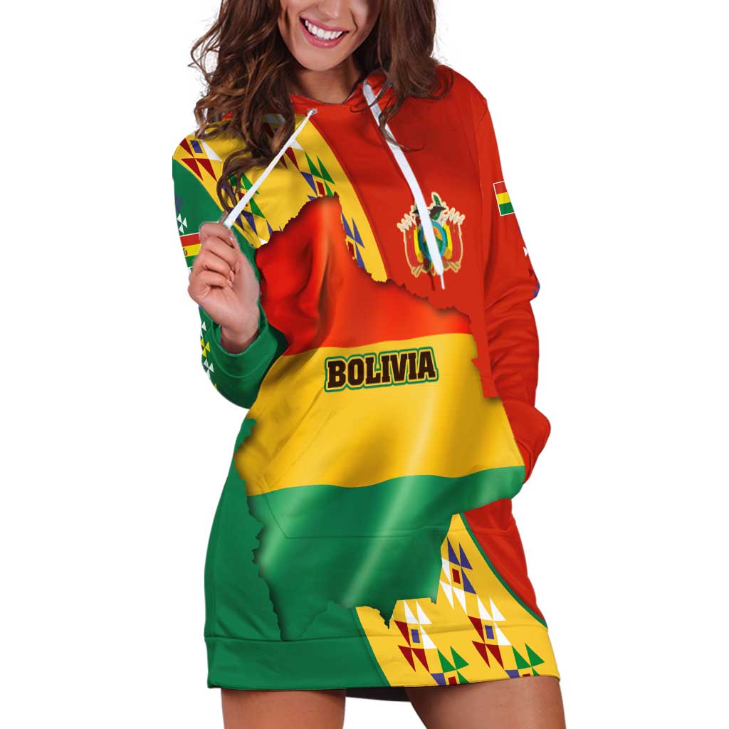 Bolivia Flag Color Hoodie Dress with National Crest, Andean Pattern and Condor Graphic