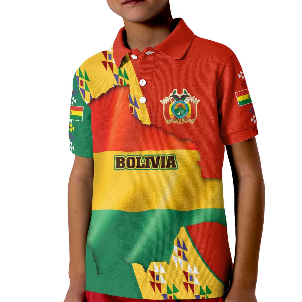 Bolivia Flag Color Kid Polo Shirt with National Crest, Andean Pattern and Condor Graphic
