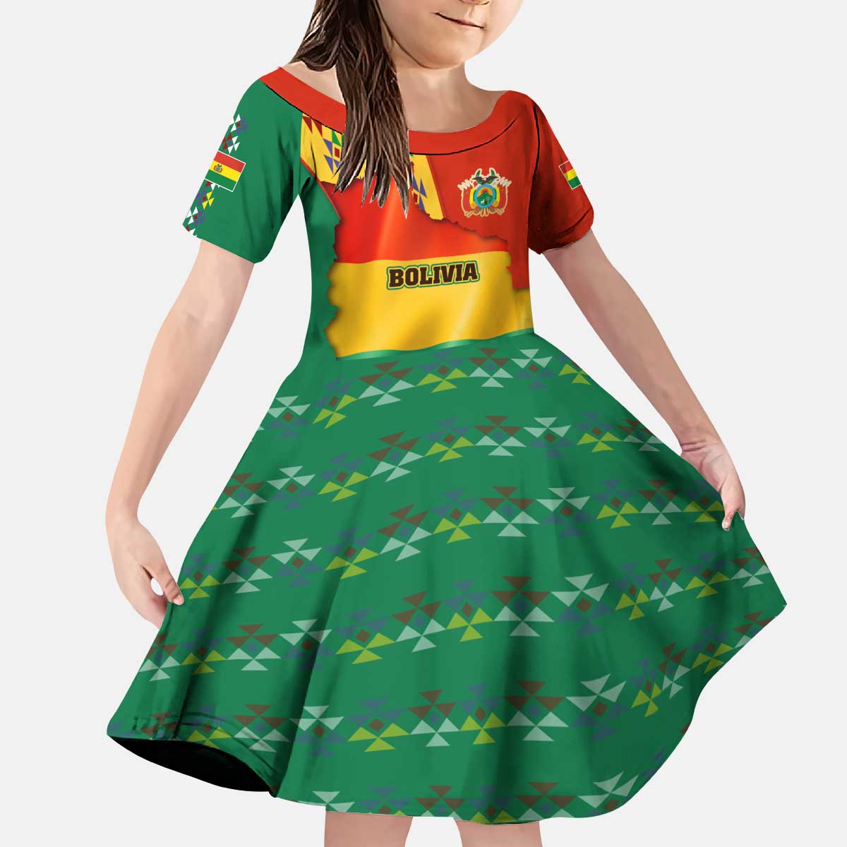Bolivia Flag Color Kid Short Sleeve Dress with National Crest, Andean Pattern and Condor Graphic