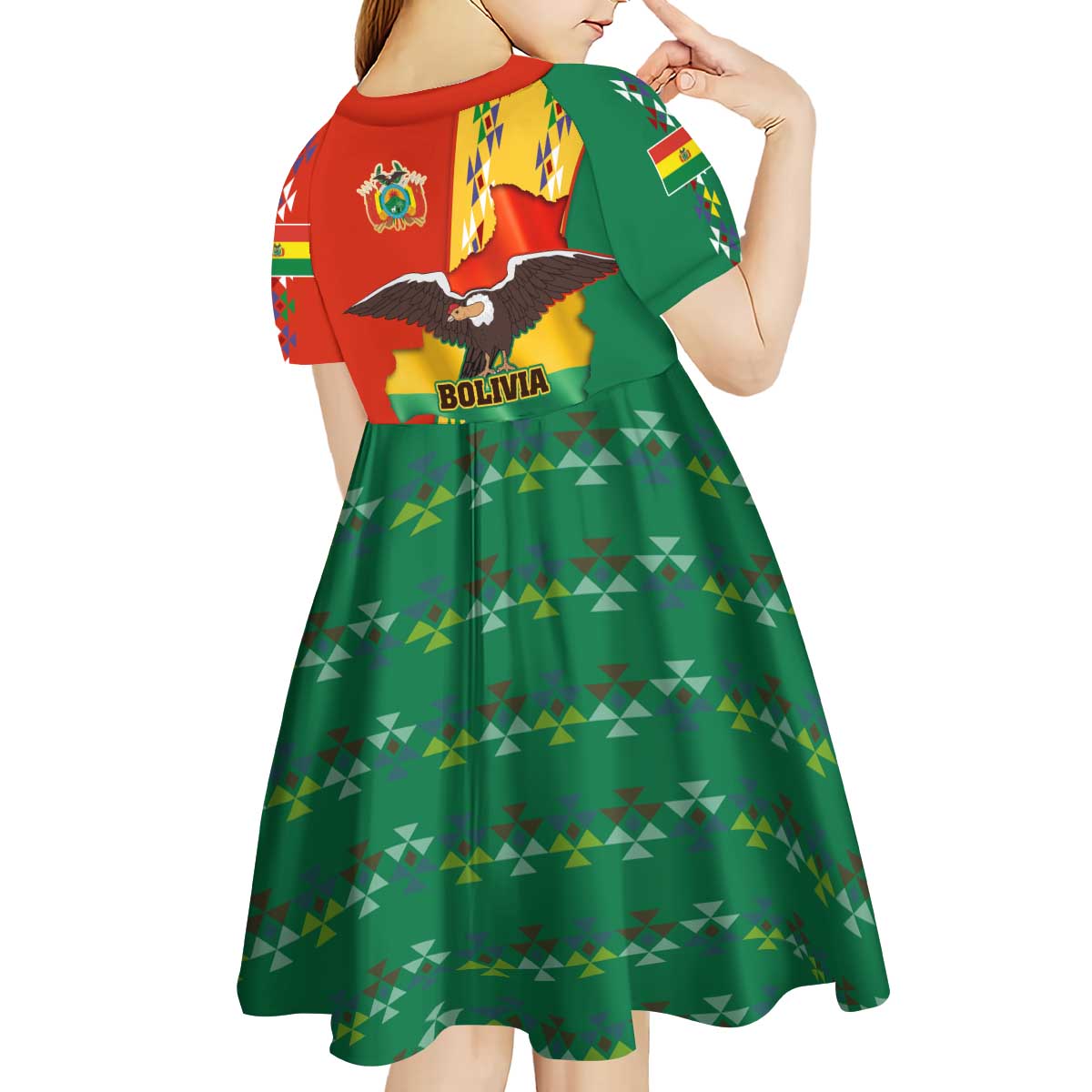 Bolivia Flag Color Kid Short Sleeve Dress with National Crest, Andean Pattern and Condor Graphic