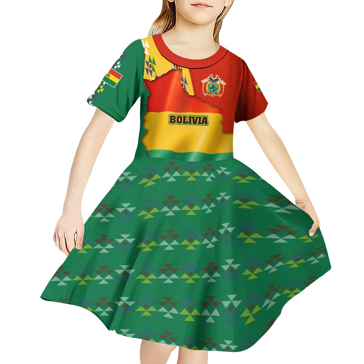 Bolivia Flag Color Kid Short Sleeve Dress with National Crest, Andean Pattern and Condor Graphic