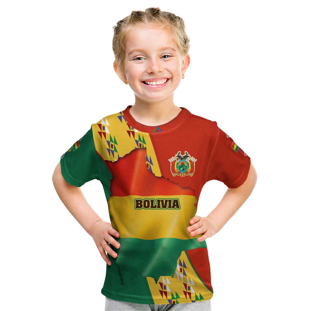 Bolivia Flag Color Kid T Shirt with National Crest, Andean Pattern and Condor Graphic