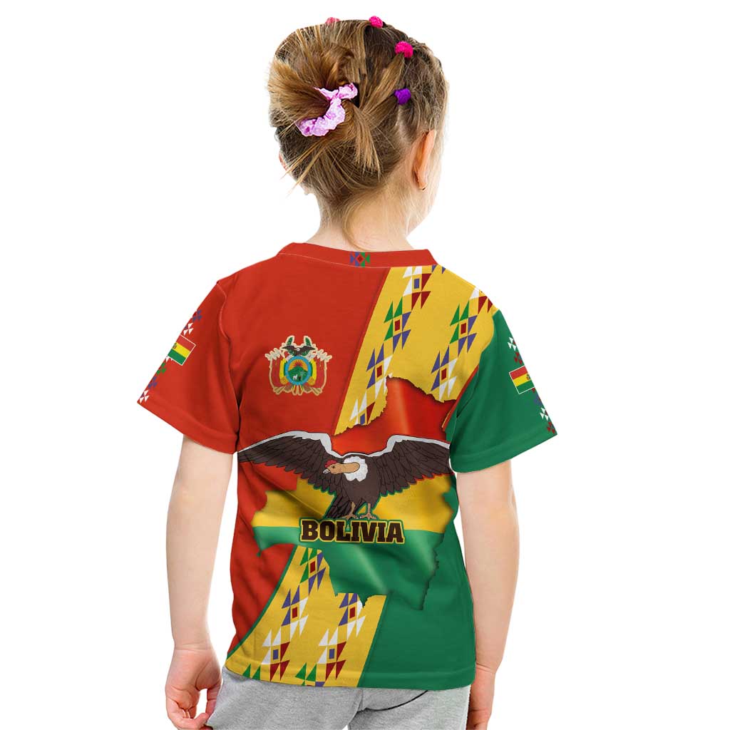 Bolivia Flag Color Kid T Shirt with National Crest, Andean Pattern and Condor Graphic