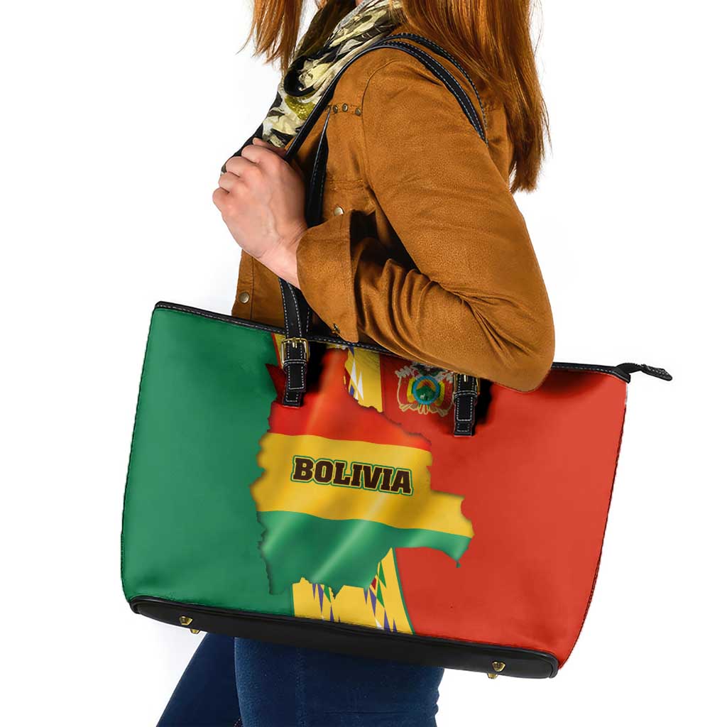 Bolivia Flag Color Leather Tote Bag with National Crest, Andean Pattern and Condor Graphic