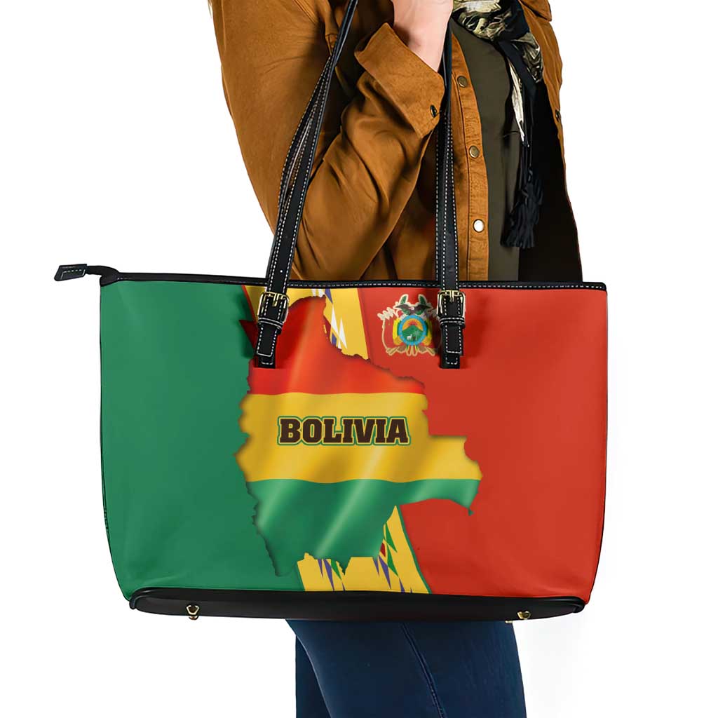 Bolivia Flag Color Leather Tote Bag with National Crest, Andean Pattern and Condor Graphic