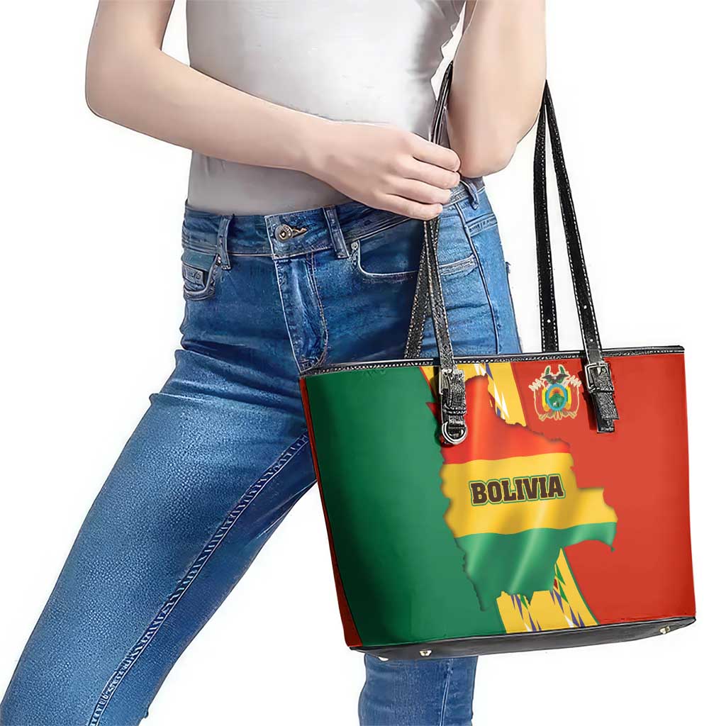 Bolivia Flag Color Leather Tote Bag with National Crest, Andean Pattern and Condor Graphic