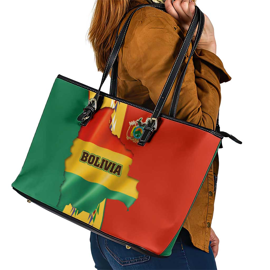 Bolivia Flag Color Leather Tote Bag with National Crest, Andean Pattern and Condor Graphic