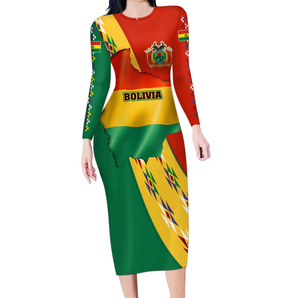 Bolivia Flag Color Long Sleeve Bodycon Dress with National Crest, Andean Pattern and Condor Graphic