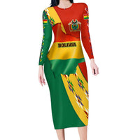 Bolivia Flag Color Long Sleeve Bodycon Dress with National Crest, Andean Pattern and Condor Graphic
