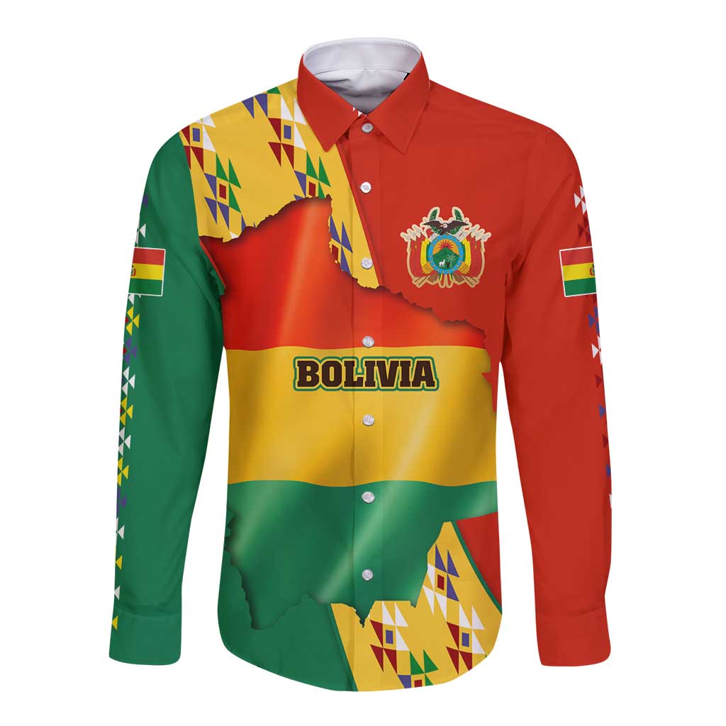 Bolivia Flag Color Long Sleeve Button Shirt with National Crest, Andean Pattern and Condor Graphic