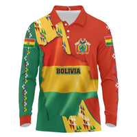 Bolivia Flag Color Long Sleeve Polo Shirt with National Crest, Andean Pattern and Condor Graphic