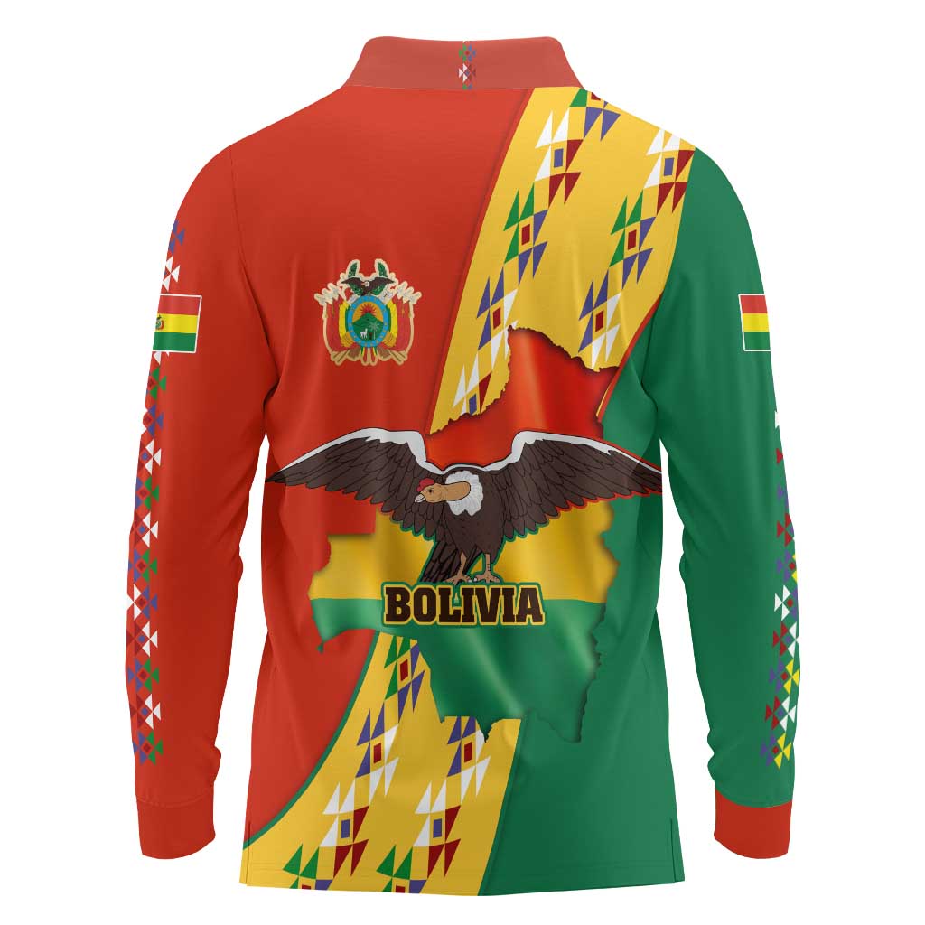 Bolivia Flag Color Long Sleeve Polo Shirt with National Crest, Andean Pattern and Condor Graphic