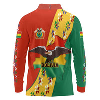 Bolivia Flag Color Long Sleeve Polo Shirt with National Crest, Andean Pattern and Condor Graphic