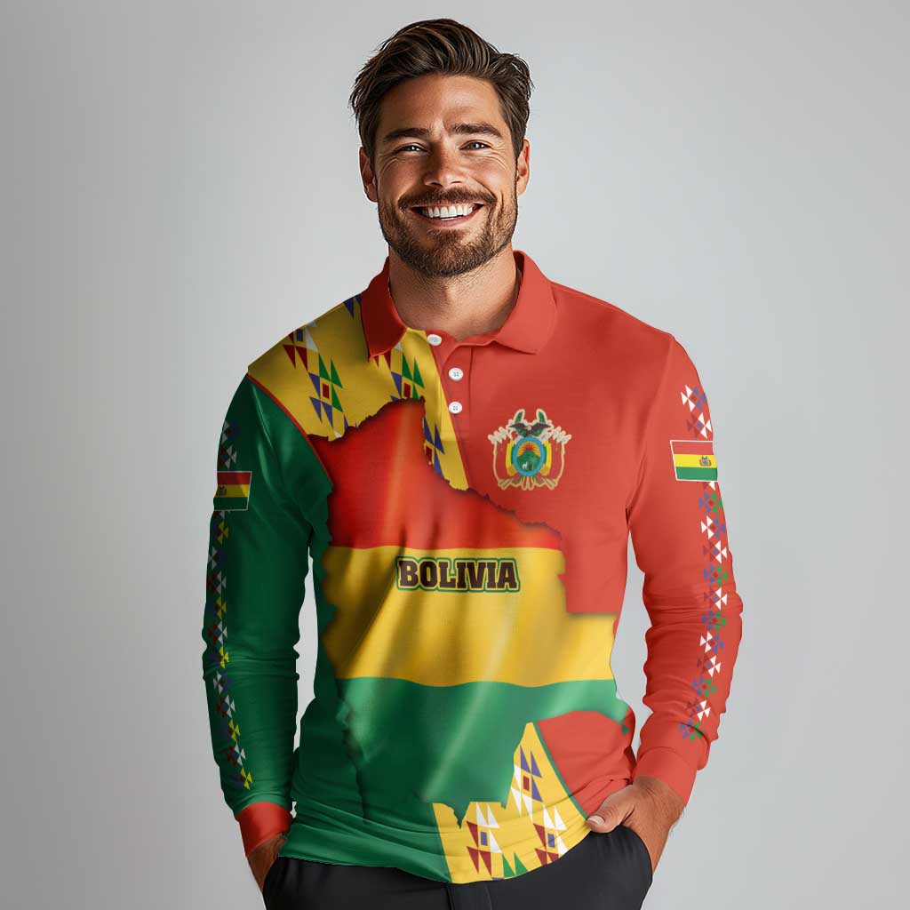 Bolivia Flag Color Long Sleeve Polo Shirt with National Crest, Andean Pattern and Condor Graphic