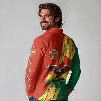 Bolivia Flag Color Long Sleeve Polo Shirt with National Crest, Andean Pattern and Condor Graphic