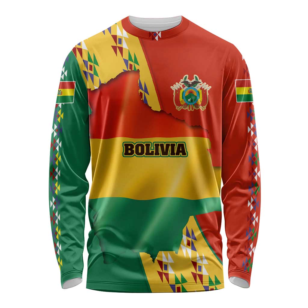Bolivia Flag Color Long Sleeve Shirt with National Crest, Andean Pattern and Condor Graphic