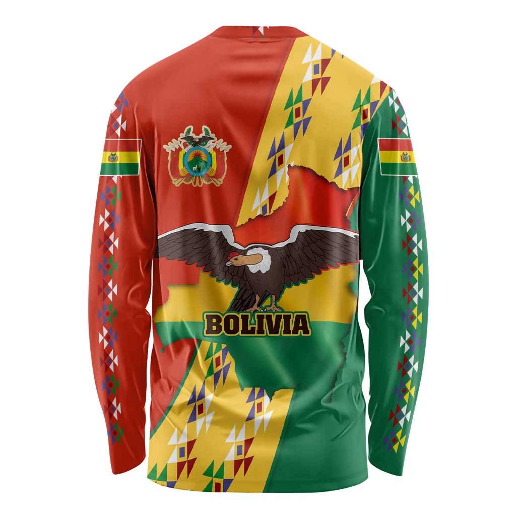 Bolivia Flag Color Long Sleeve Shirt with National Crest, Andean Pattern and Condor Graphic
