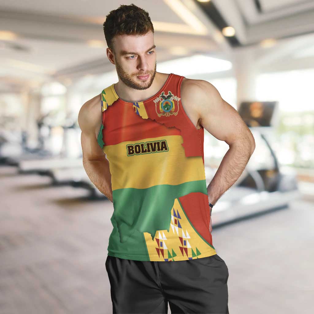 Bolivia Flag Color Men Tank Top with National Crest, Andean Pattern and Condor Graphic