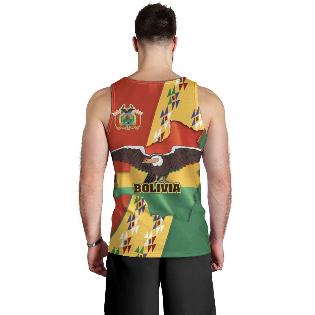 Bolivia Flag Color Men Tank Top with National Crest, Andean Pattern and Condor Graphic