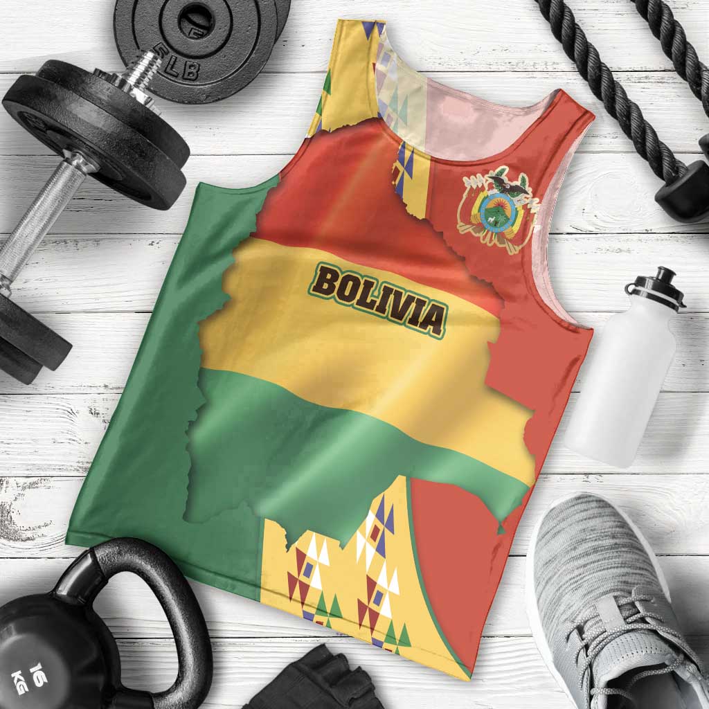 Bolivia Flag Color Men Tank Top with National Crest, Andean Pattern and Condor Graphic