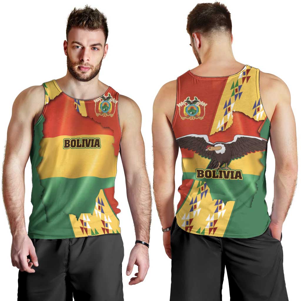 Bolivia Flag Color Men Tank Top with National Crest, Andean Pattern and Condor Graphic