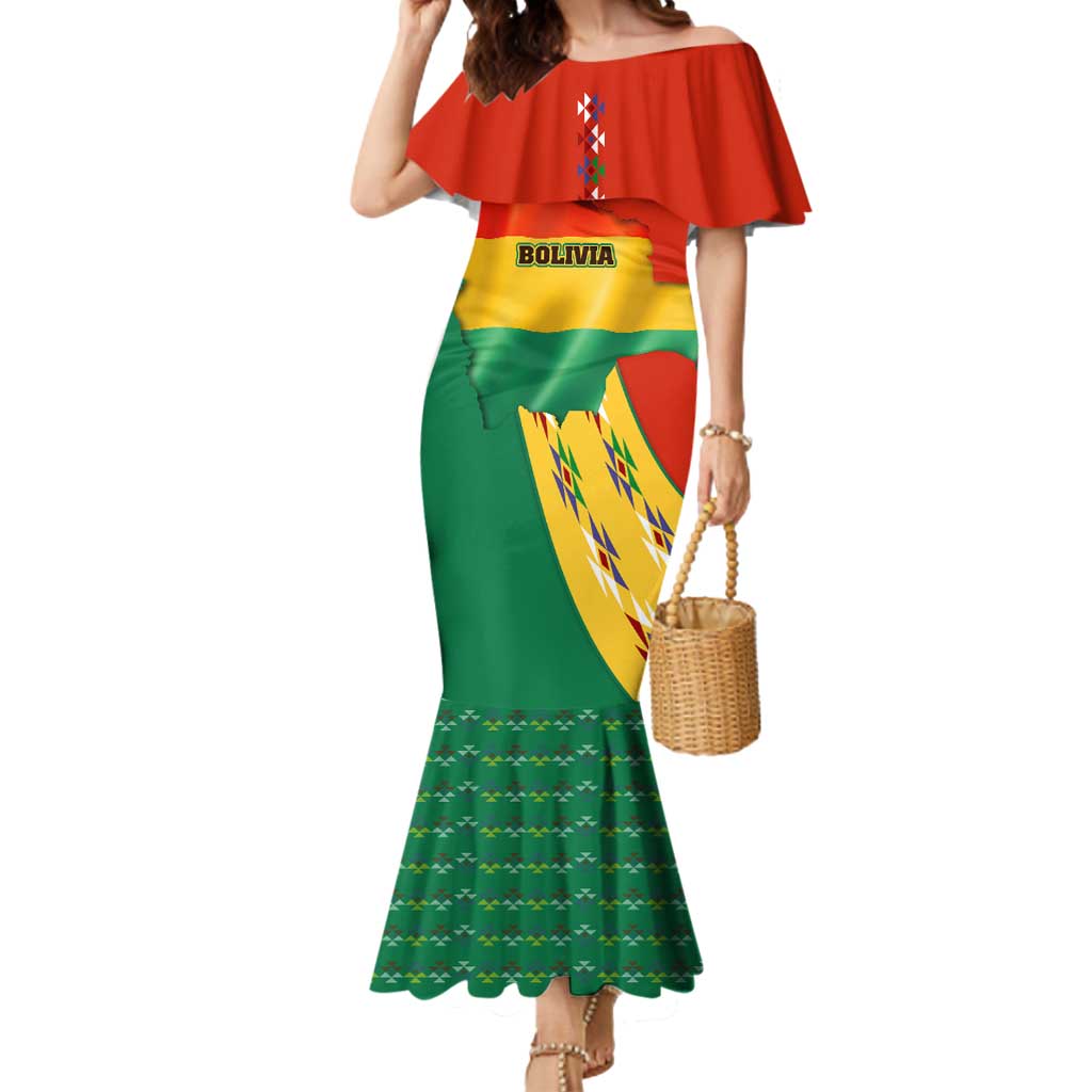 Bolivia Flag Color Mermaid Dress with National Crest, Andean Pattern and Condor Graphic
