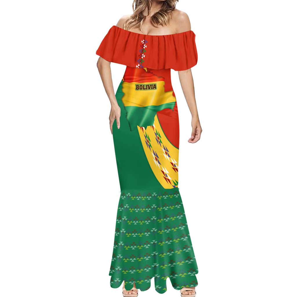 Bolivia Flag Color Mermaid Dress with National Crest, Andean Pattern and Condor Graphic