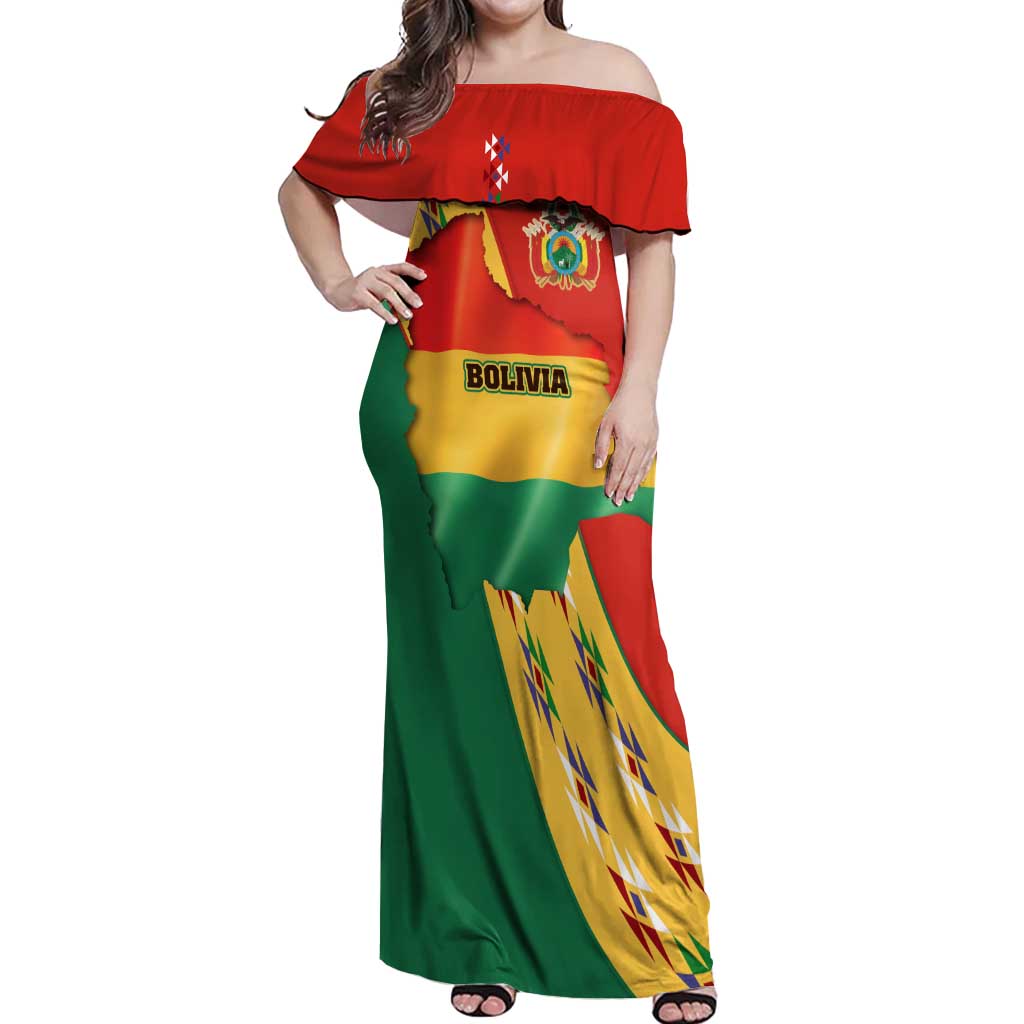 Bolivia Flag Color Off Shoulder Maxi Dress with National Crest, Andean Pattern and Condor Graphic