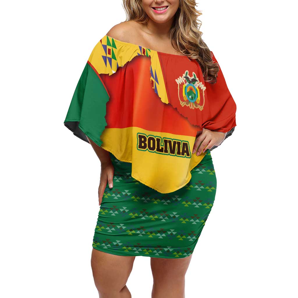 Bolivia Flag Color Off Shoulder Short Dress with National Crest, Andean Pattern and Condor Graphic